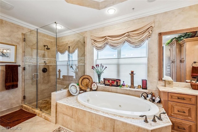 bathroom with vanity, tile patterned flooring, crown molding, and shower with separate bathtub