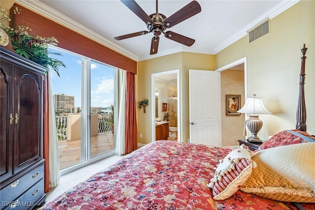 carpeted bedroom with ornamental molding, ensuite bathroom, access to exterior, and ceiling fan