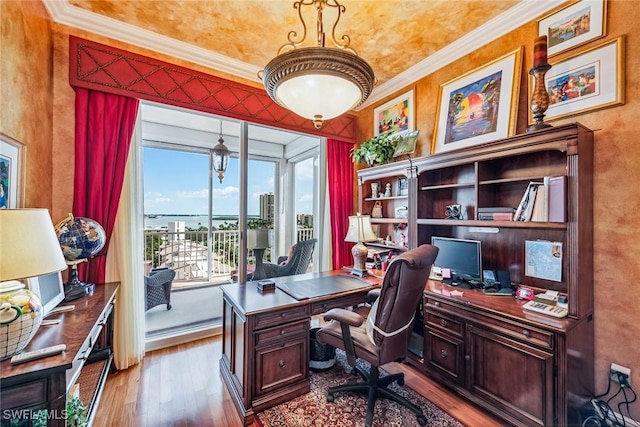 home office with ornamental molding and light hardwood / wood-style floors