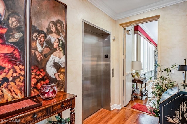 corridor with ornamental molding, light hardwood / wood-style floors, and elevator