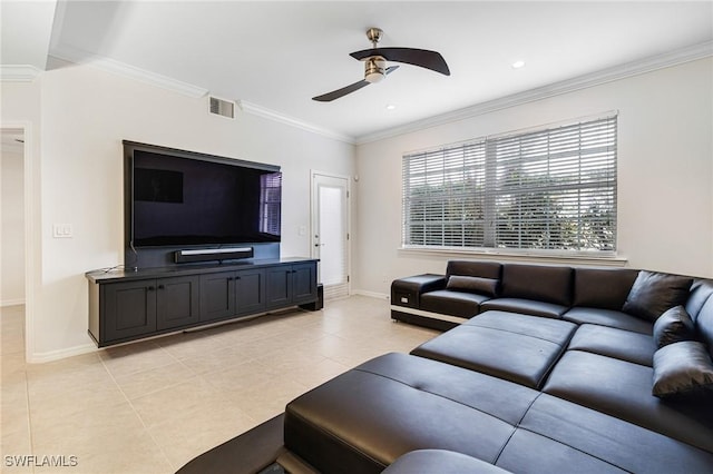 tiled living room with ornamental molding and ceiling fan