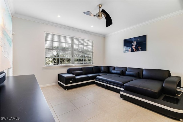 living room with light tile patterned floors, ornamental molding, and ceiling fan