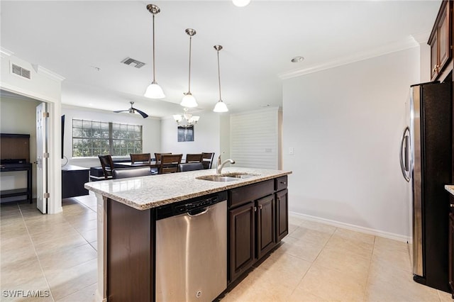 kitchen featuring dark brown cabinetry, sink, a center island with sink, appliances with stainless steel finishes, and pendant lighting