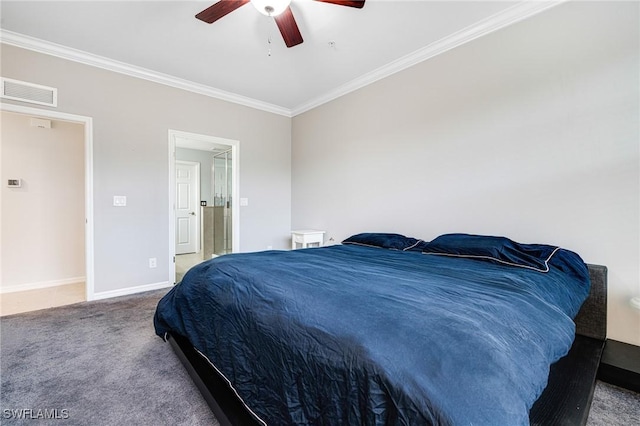 bedroom with crown molding, carpet floors, and ceiling fan