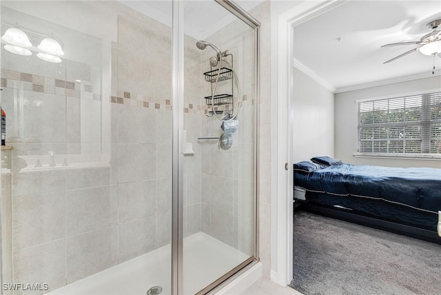 bathroom with walk in shower, ceiling fan, and crown molding