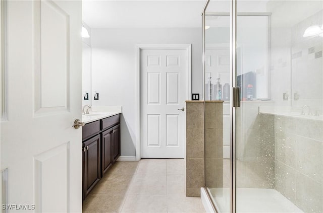 bathroom with tile patterned flooring, vanity, and a shower with shower door