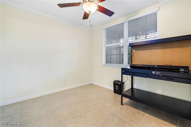 misc room featuring crown molding, light tile patterned floors, and ceiling fan