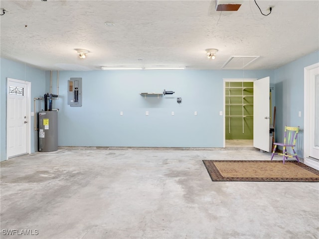 garage with electric panel and water heater