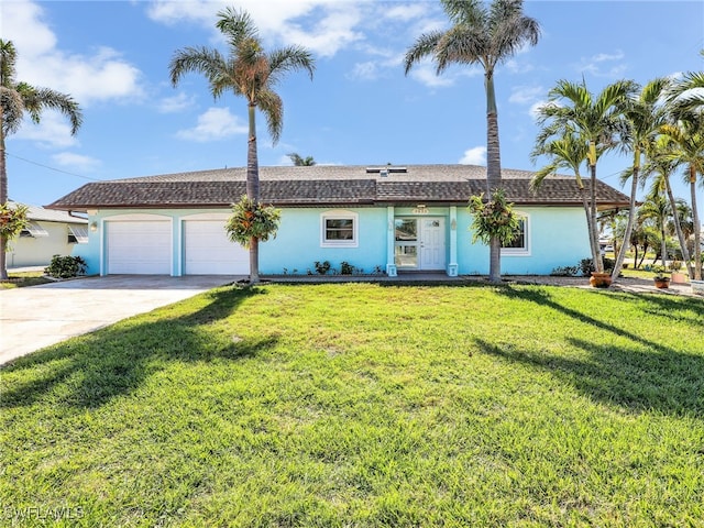 ranch-style house with a garage and a front yard