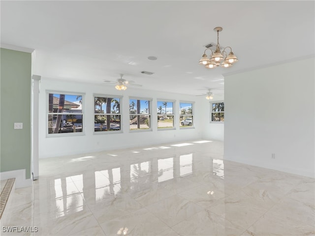 unfurnished living room with ceiling fan with notable chandelier