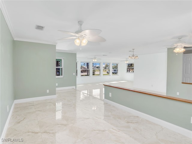 empty room featuring ceiling fan with notable chandelier and ornamental molding