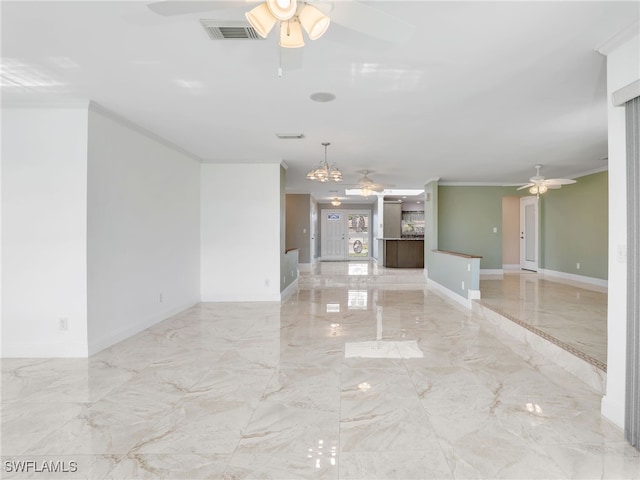 unfurnished living room with crown molding and ceiling fan