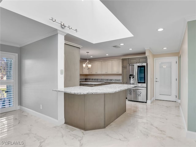 kitchen featuring crown molding, stainless steel fridge, an inviting chandelier, hanging light fixtures, and light stone counters