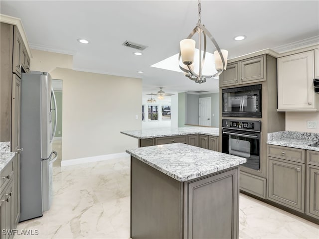 kitchen featuring pendant lighting, gray cabinets, a center island, ornamental molding, and black appliances