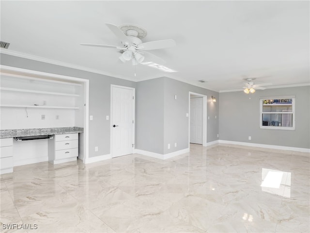 unfurnished living room with crown molding, built in desk, and ceiling fan