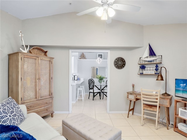 living room with lofted ceiling, light tile patterned floors, and ceiling fan