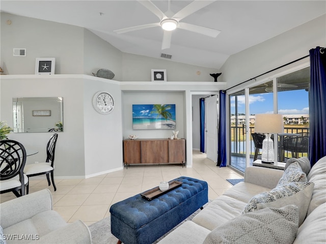 tiled living room with vaulted ceiling and ceiling fan