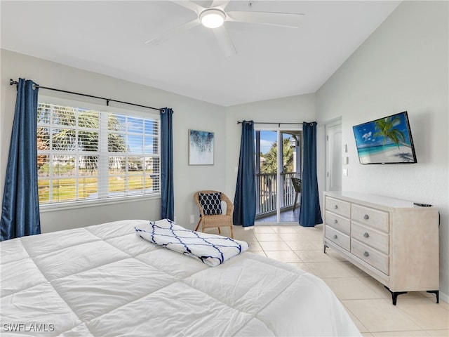 bedroom featuring ceiling fan, access to exterior, vaulted ceiling, and light tile patterned floors