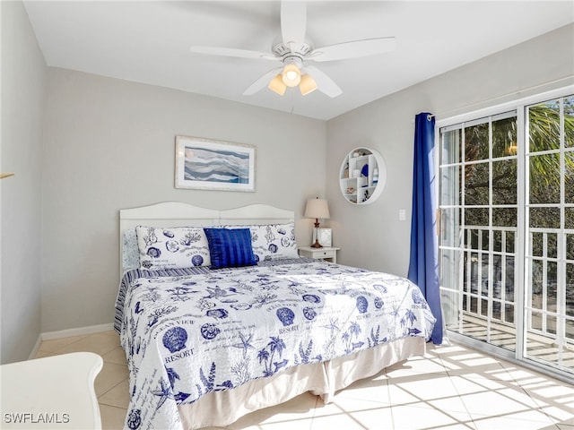 bedroom with tile patterned flooring, access to exterior, and ceiling fan