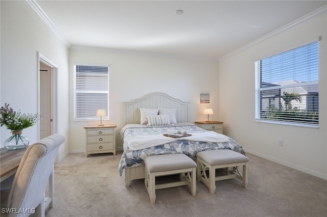 bedroom featuring crown molding and light carpet