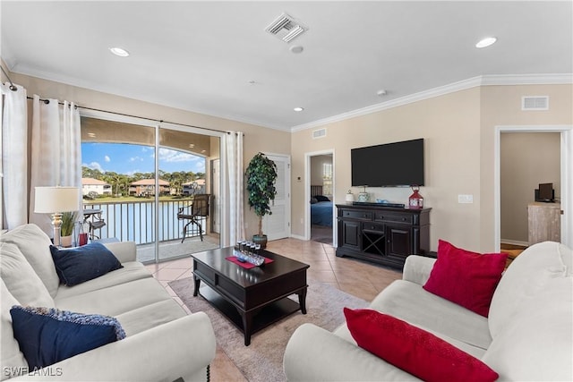 living room featuring light tile patterned flooring and ornamental molding