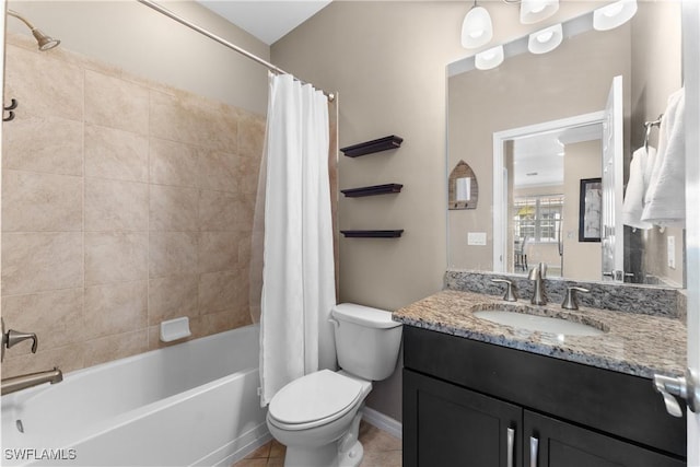 full bathroom with vanity, toilet, tile patterned flooring, and shower / bath combo with shower curtain