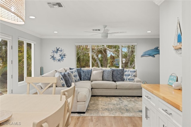 living room with crown molding, light hardwood / wood-style flooring, and ceiling fan