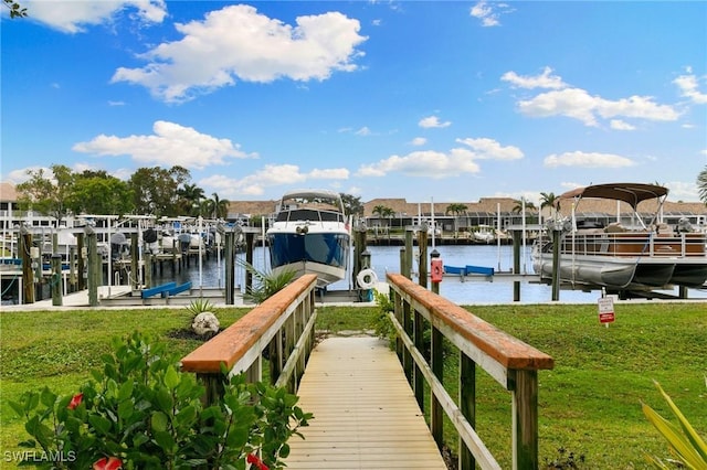 view of dock featuring a yard and a water view