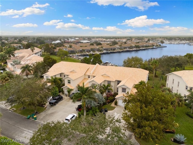 drone / aerial view featuring a water view