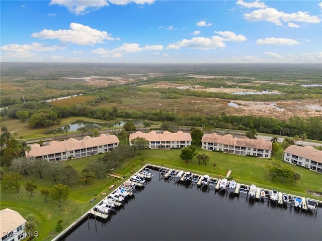 drone / aerial view with a water view