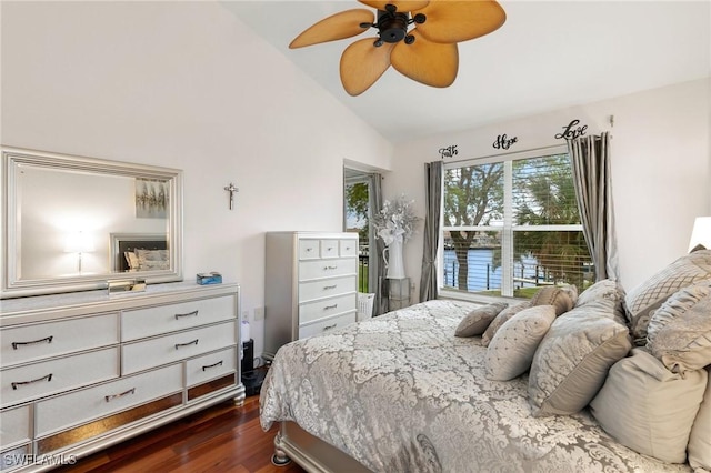 bedroom with high vaulted ceiling, dark hardwood / wood-style floors, and ceiling fan