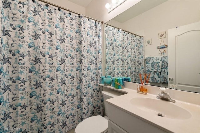 bathroom featuring vanity, toilet, and a shower with shower curtain