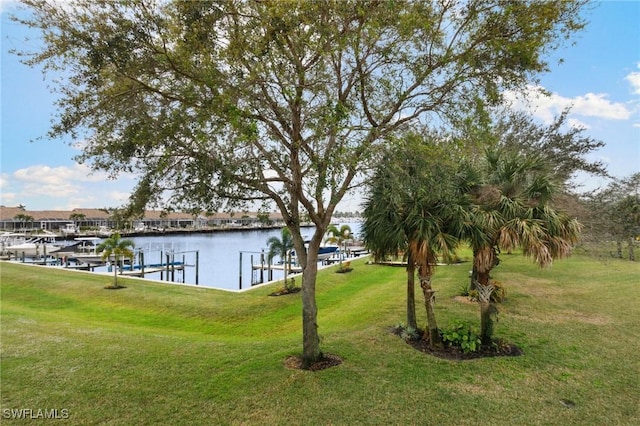 view of yard with a water view and a dock