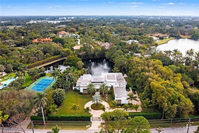 aerial view featuring a water view