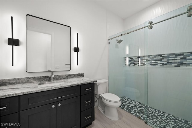 bathroom featuring vanity, toilet, and a shower with door