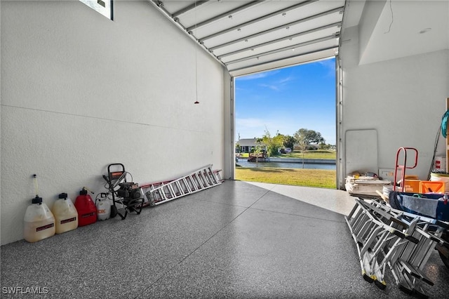 garage with a water view