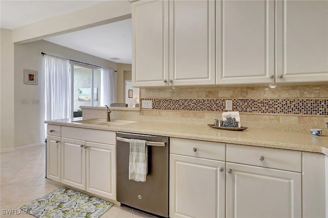 kitchen with decorative backsplash, stainless steel dishwasher, and white cabinets