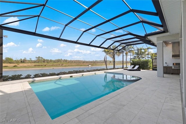 view of pool featuring a water view, a patio, and a lanai