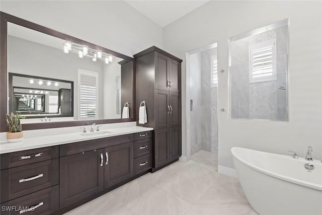 bathroom featuring vanity and separate shower and tub