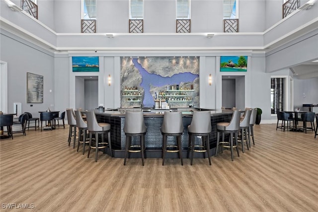 bar featuring a towering ceiling and light hardwood / wood-style flooring