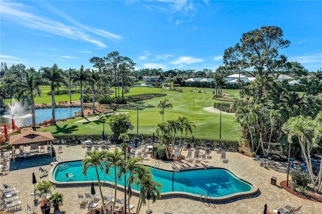 view of pool with a gazebo and a water view