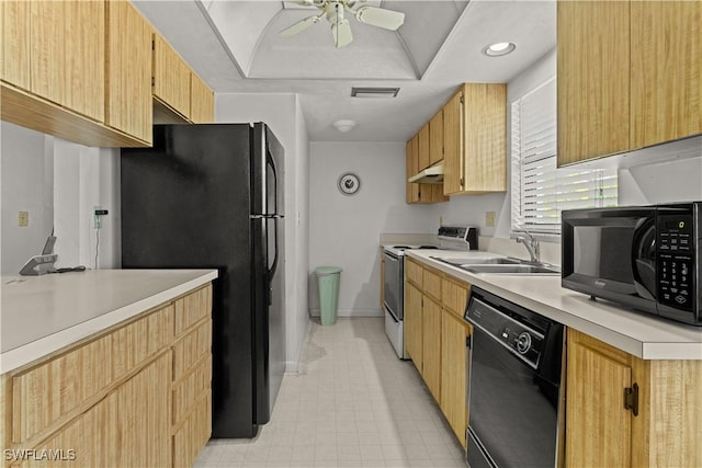 kitchen with ceiling fan, light brown cabinetry, sink, and black appliances