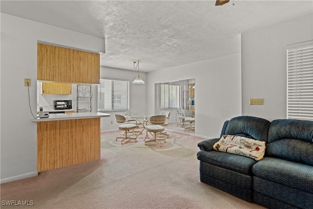 living room with light carpet and a textured ceiling