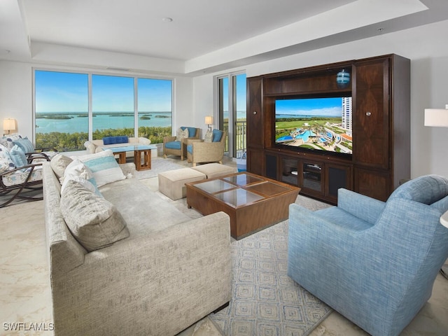 living room featuring a tray ceiling