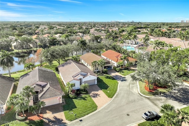 aerial view featuring a water view