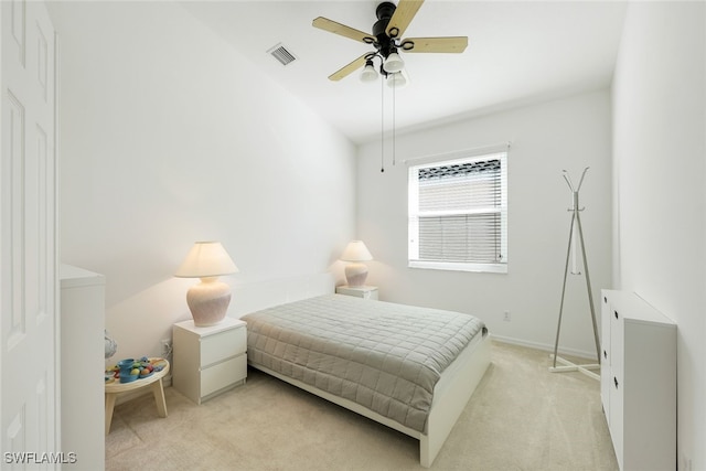 carpeted bedroom with ceiling fan