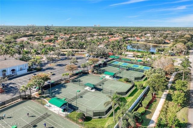 bird's eye view with a water view