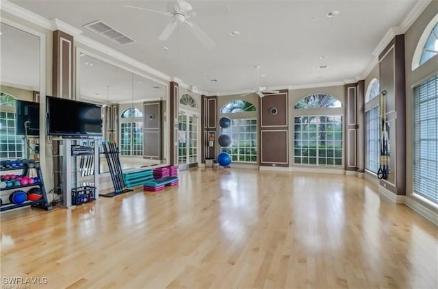 workout room featuring crown molding, ceiling fan, and light hardwood / wood-style floors