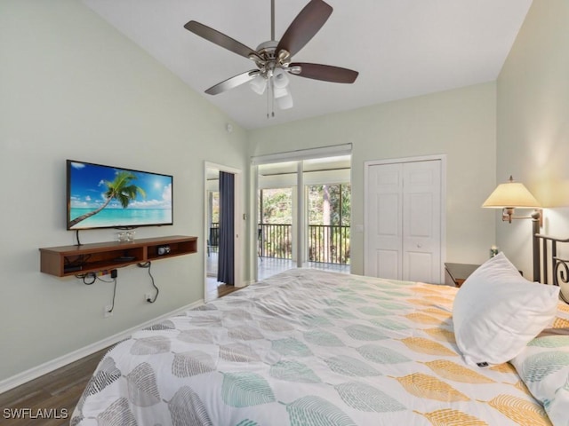 bedroom featuring wood-type flooring, high vaulted ceiling, access to outside, and ceiling fan