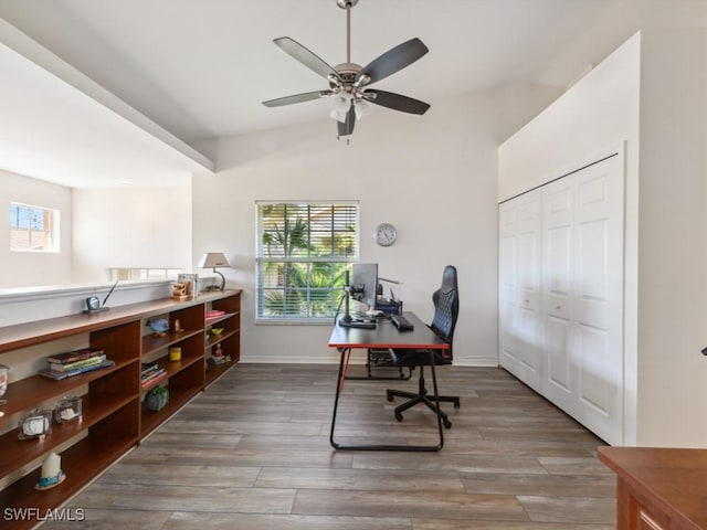 office area with hardwood / wood-style floors and ceiling fan